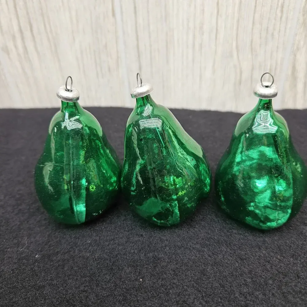 Vintage Green Blown Glass Pear‎ Christmas Ornaments Lot Set of 3 Holiday Decor